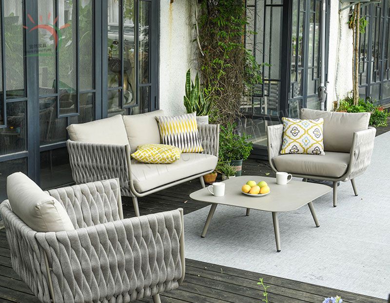 Chinese Modern Outdoor Garden Sofa Sets Home Deck Hotel Home Livingroom Furniture Rope Weaving Sofa with Table