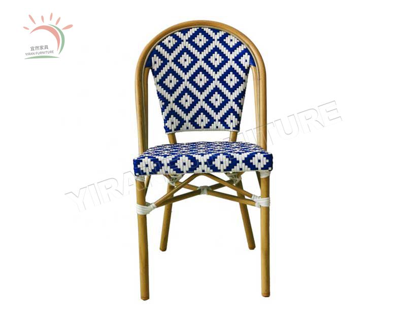 Custom outdoor woven blue and white rattan patio bistro chair