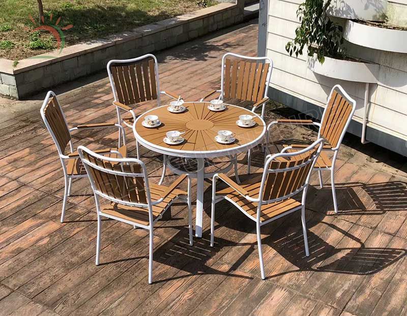 Outdoor Furniture 5pcs Plastic Wood Aluminum Garden Patio Table and Chairs Dining Sets Leisure Rectangular Table