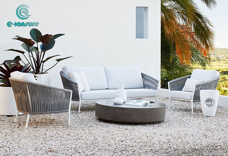 Outdoor White Cushion Gray Rattan Hotel Garden Patio Outdoor Furniture Set