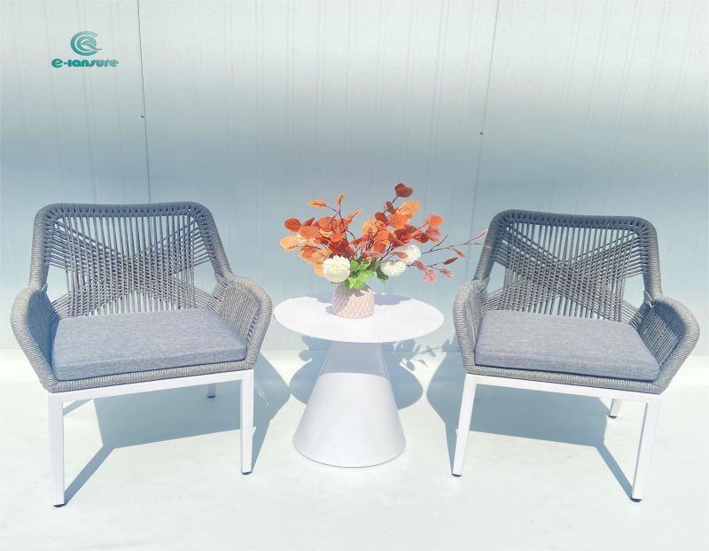 Modern aluminum outdoor coffee table set with gray rope chair