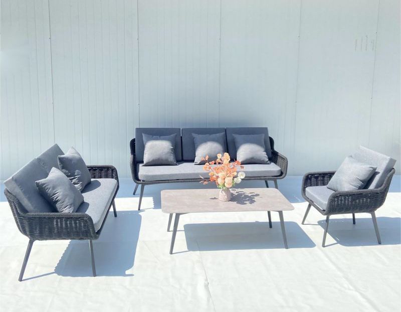 Hot Sale Modern Garden Hotel Furniture Series Luxury Outdoor Sofa Set with Black Aluminum Frame, Braided Rope, and Coffee Table for Home and Outdoor