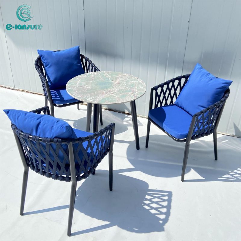 Customized outdoor furniture blue woven rope chair with dining set