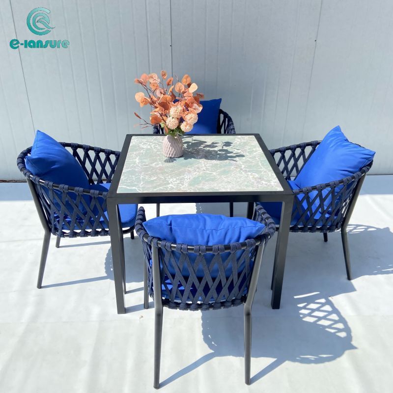 Customized outdoor furniture blue woven rope chair with dining set