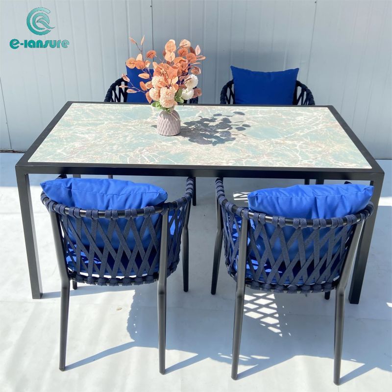 Customized outdoor furniture blue woven rope chair with dining set