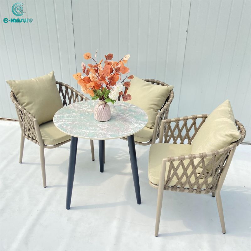 Custom outdoor dining table set  with brown rope chair