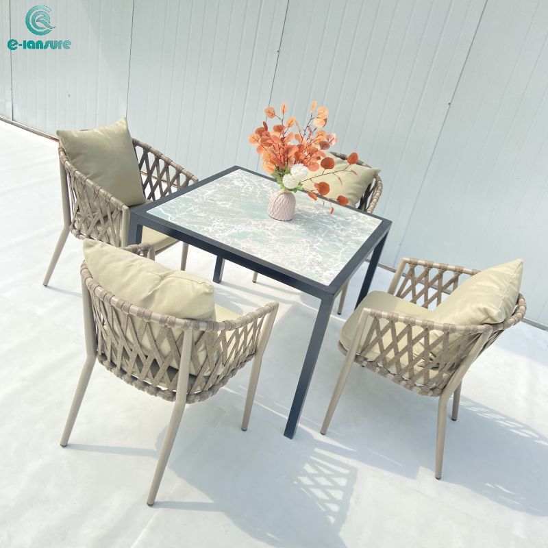 Custom outdoor dining table set  with brown rope chair