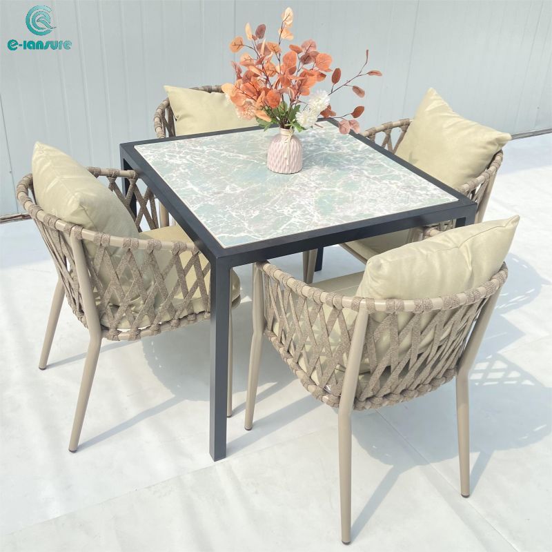 Custom outdoor dining table set  with brown rope chair