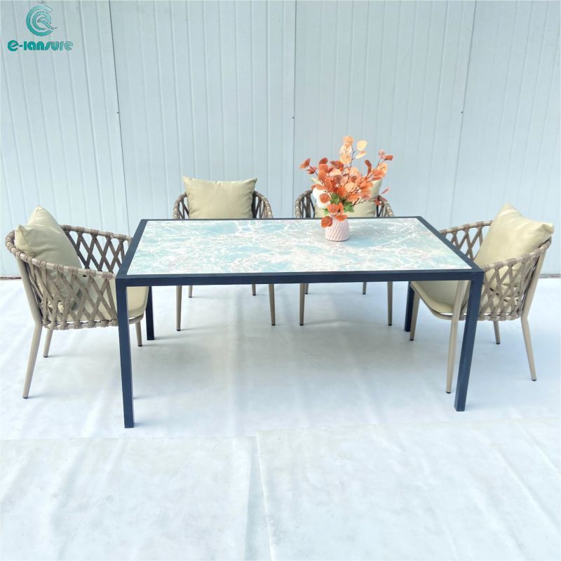 Custom outdoor dining table set  with brown rope chair