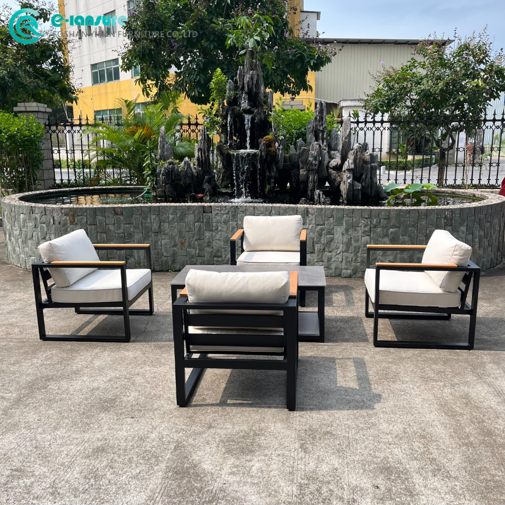 Wholesale Outdoor Sofa Set Teak Wood Armrest and Aluminum Frame Combination with Coffee Table Suitable for Outdoor Spaces