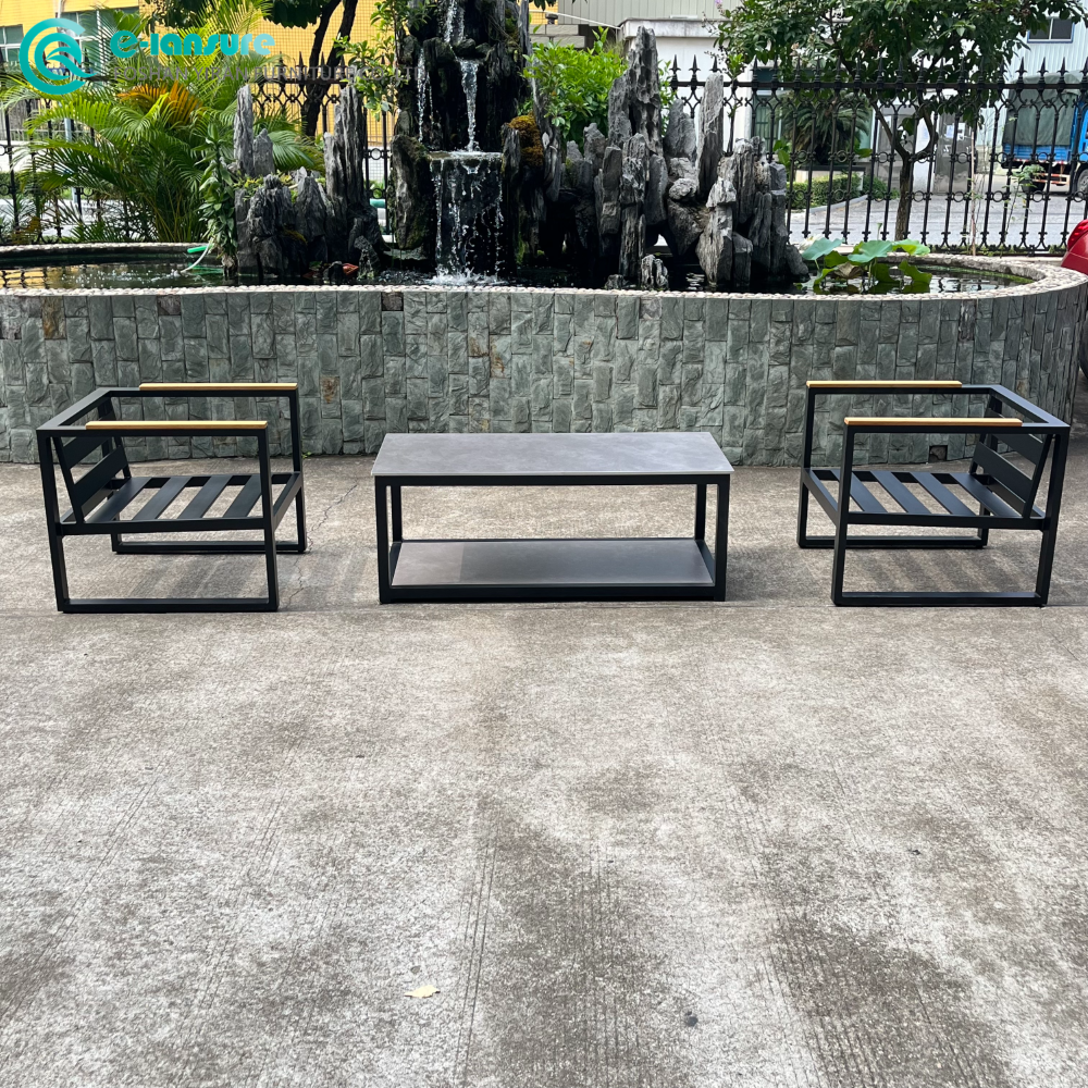Wholesale Outdoor Sofa Set Teak Wood Armrest and Aluminum Frame Combination with Coffee Table Suitable for Outdoor Spaces