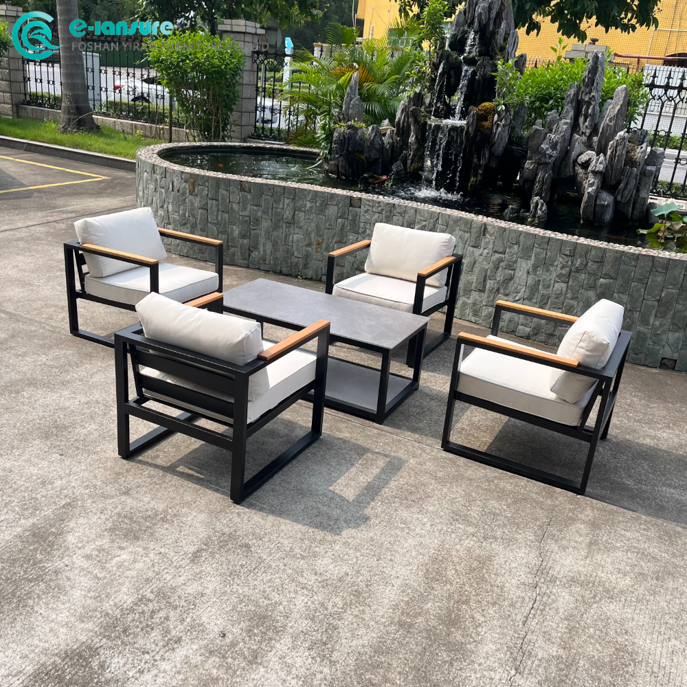 Wholesale Outdoor Sofa Set Teak Wood Armrest and Aluminum Frame Combination with Coffee Table Suitable for Outdoor Spaces