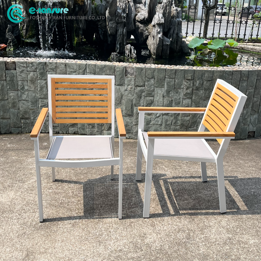 Ontemporary Aluminum Outdoor Dining Chair with Premium Wooden Backrest Suitable for Patios and Garden Furniture Collections