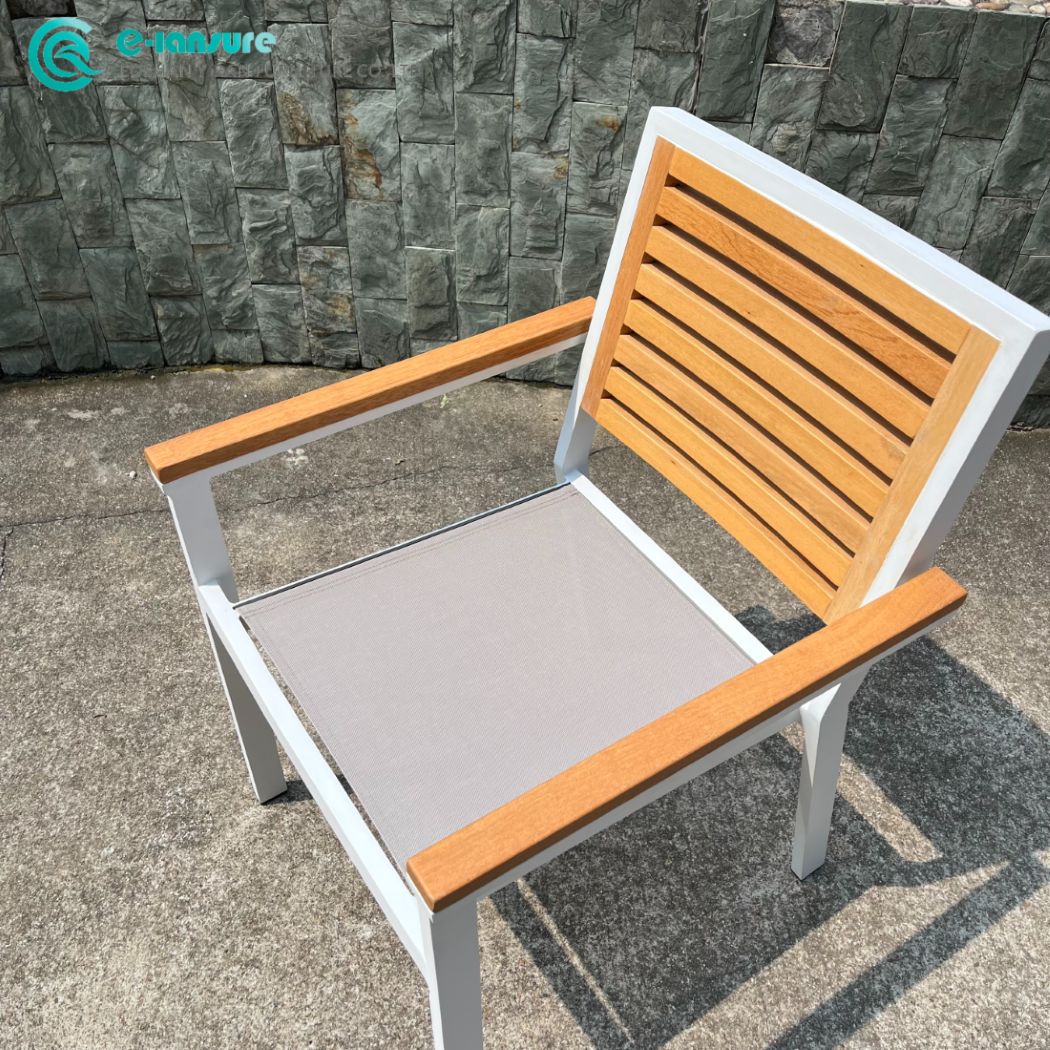 Ontemporary Aluminum Outdoor Dining Chair with Premium Wooden Backrest Suitable for Patios and Garden Furniture Collections