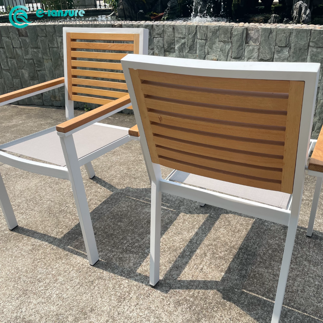 Ontemporary Aluminum Outdoor Dining Chair with Premium Wooden Backrest Suitable for Patios and Garden Furniture Collections