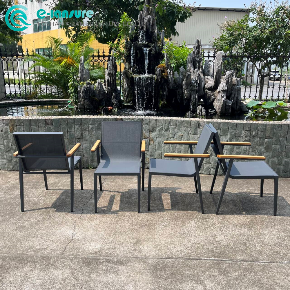 Simple Style Outdoor Dining Chair Lightweight Aluminum Frame Teak Wooden Armrests for Comfortable Space