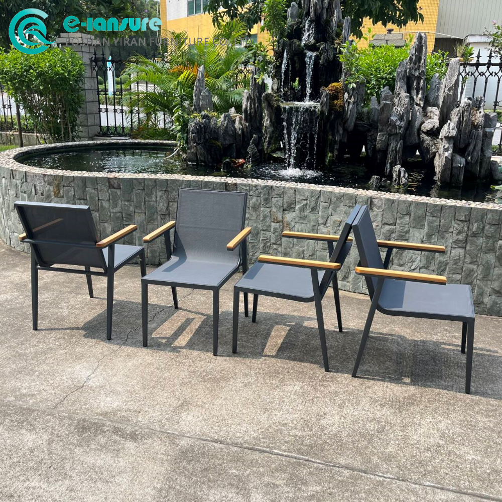 Simple Style Outdoor Dining Chair Lightweight Aluminum Frame Teak Wooden Armrests for Comfortable Space