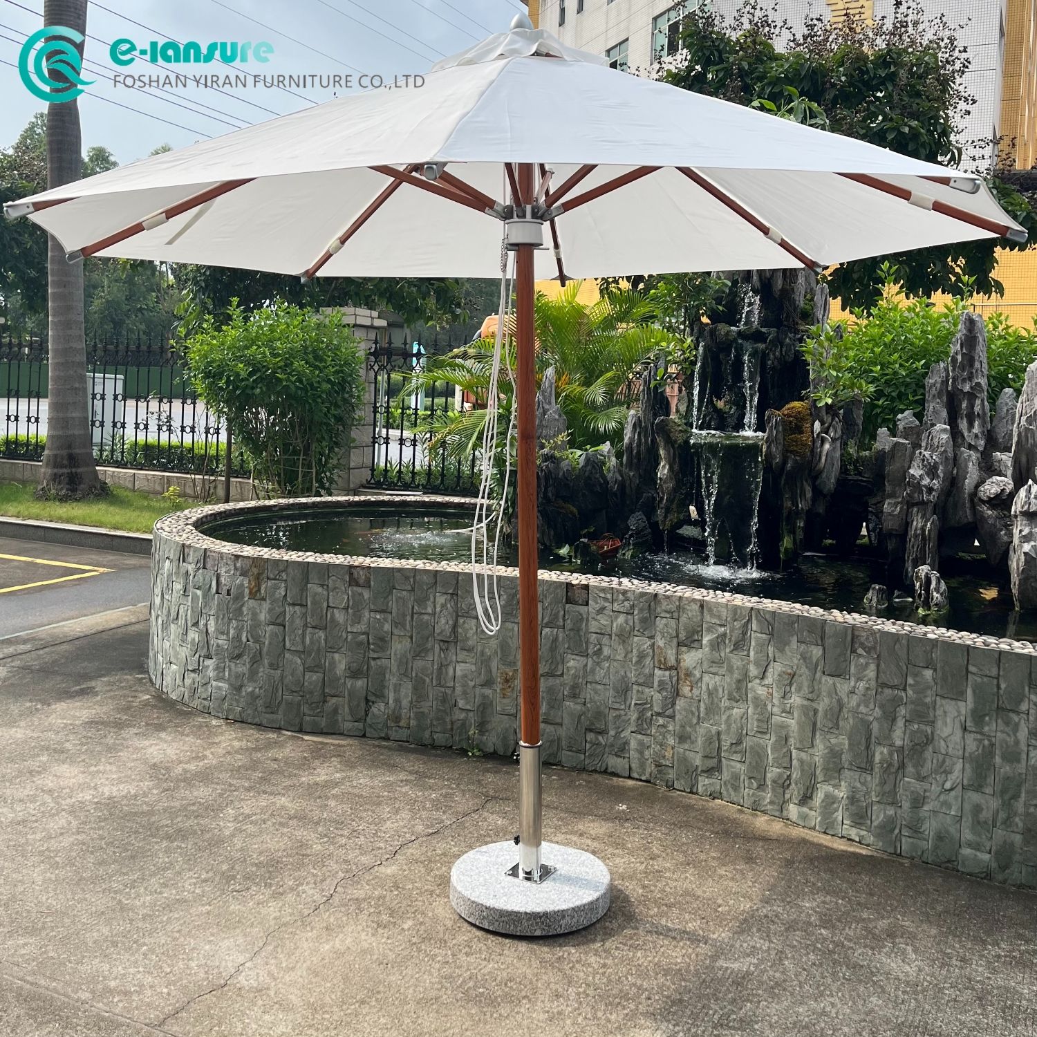 Leisure 3M Outdoor Teak Wood Umbrella Waterproof Fabric and Heavy Marble Base