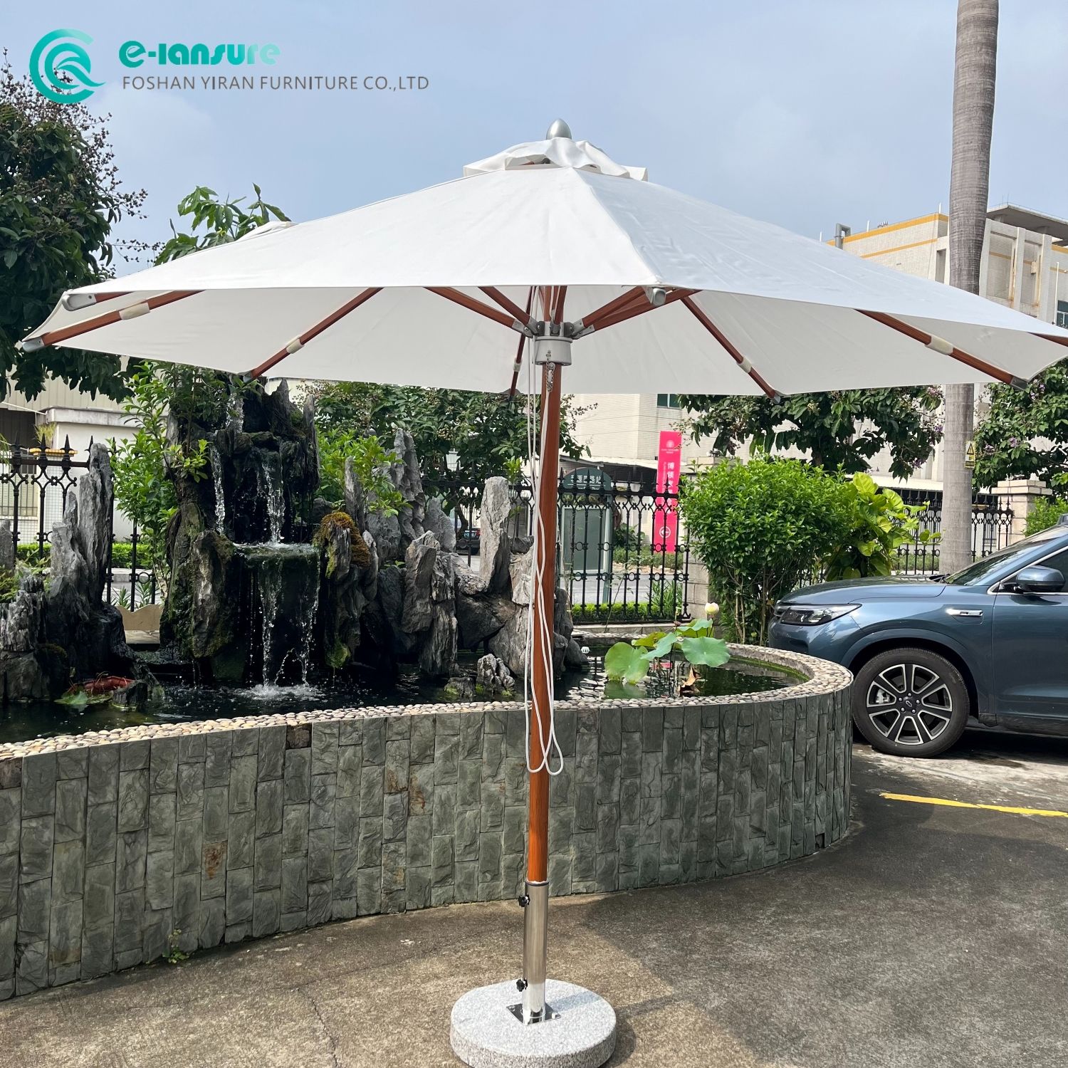 Leisure 3M Outdoor Teak Wood Umbrella Waterproof Fabric and Heavy Marble Base