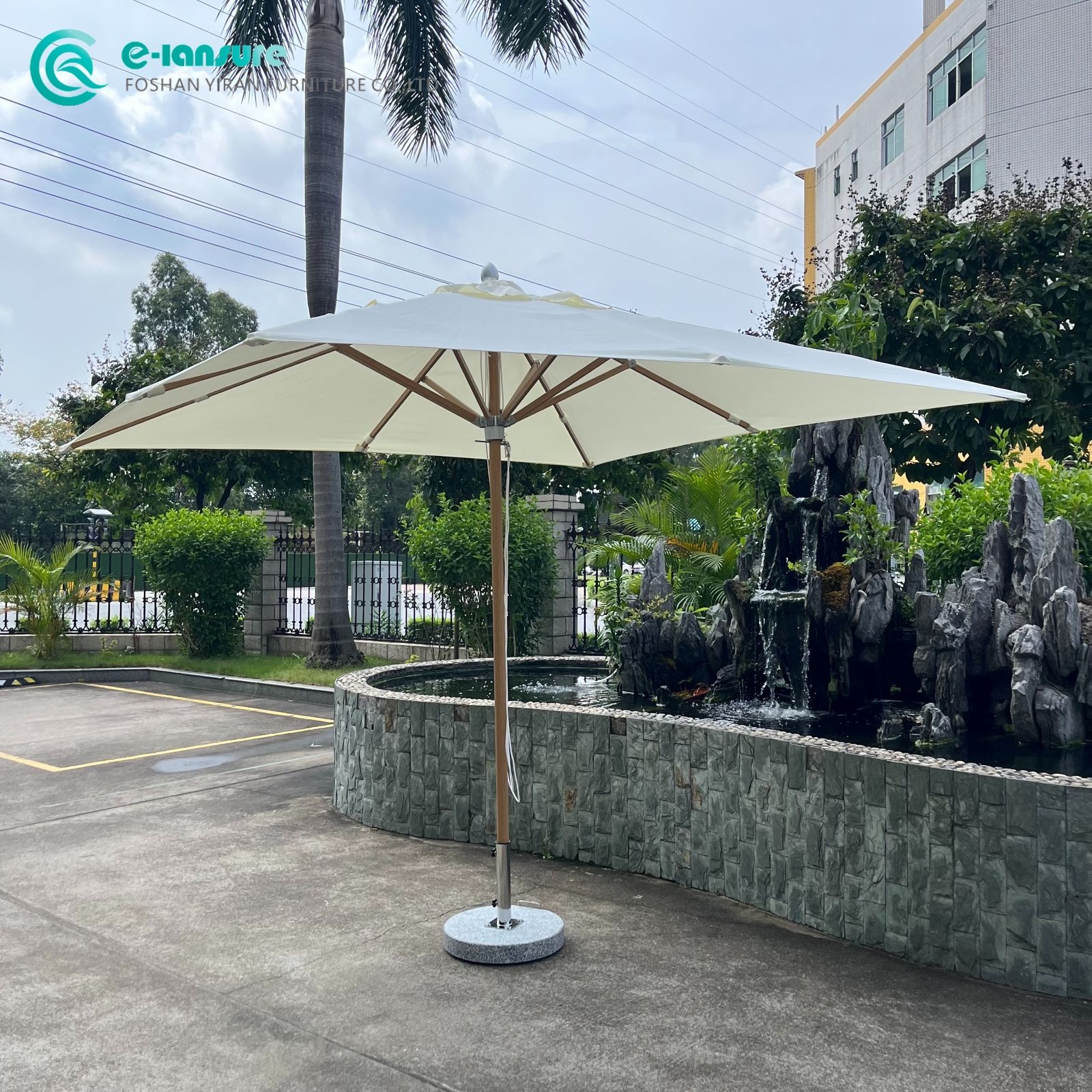 Elegant Factory Hot Sale Product Outdoor Aluminum Frame with Wooden Color Umbrella and Marble Base Parasol