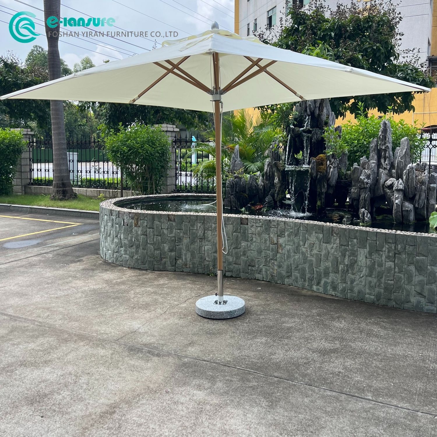 Elegant Factory Hot Sale Product Outdoor Aluminum Frame with Wooden Color Umbrella and Marble Base Parasol