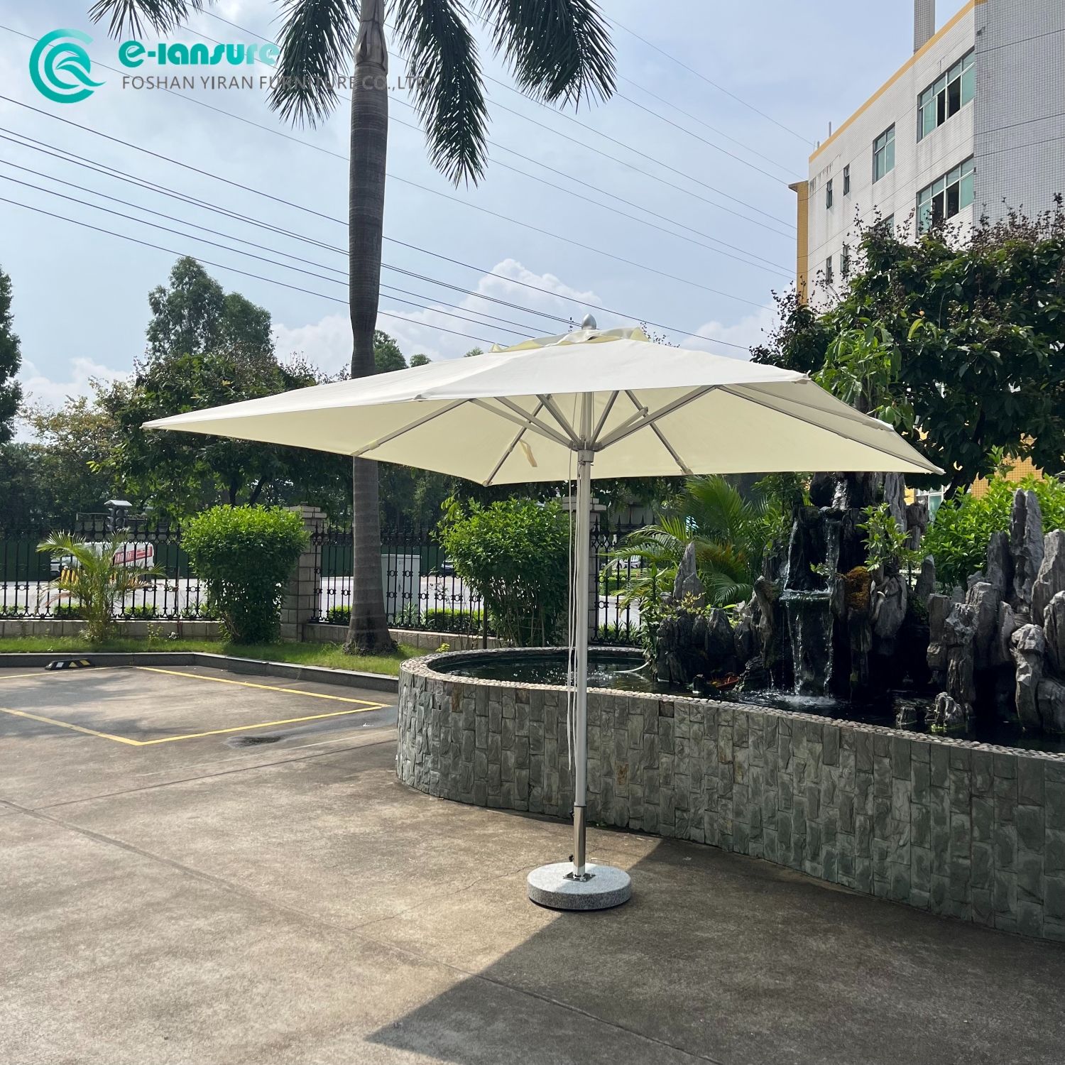 Elegant Outdoor Hot Sale 3m Sqaure Umbrella Aluminum Frame with Silver White Color and Marble Base Beach Parasol