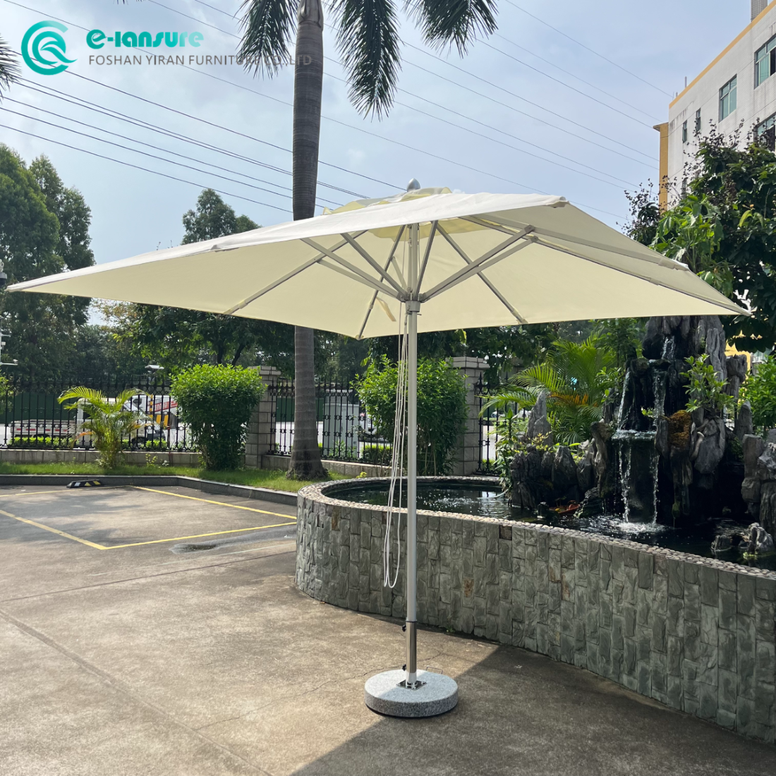 Elegant Outdoor Hot Sale 3m Sqaure Umbrella Aluminum Frame with Silver White Color and Marble Base Beach Parasol