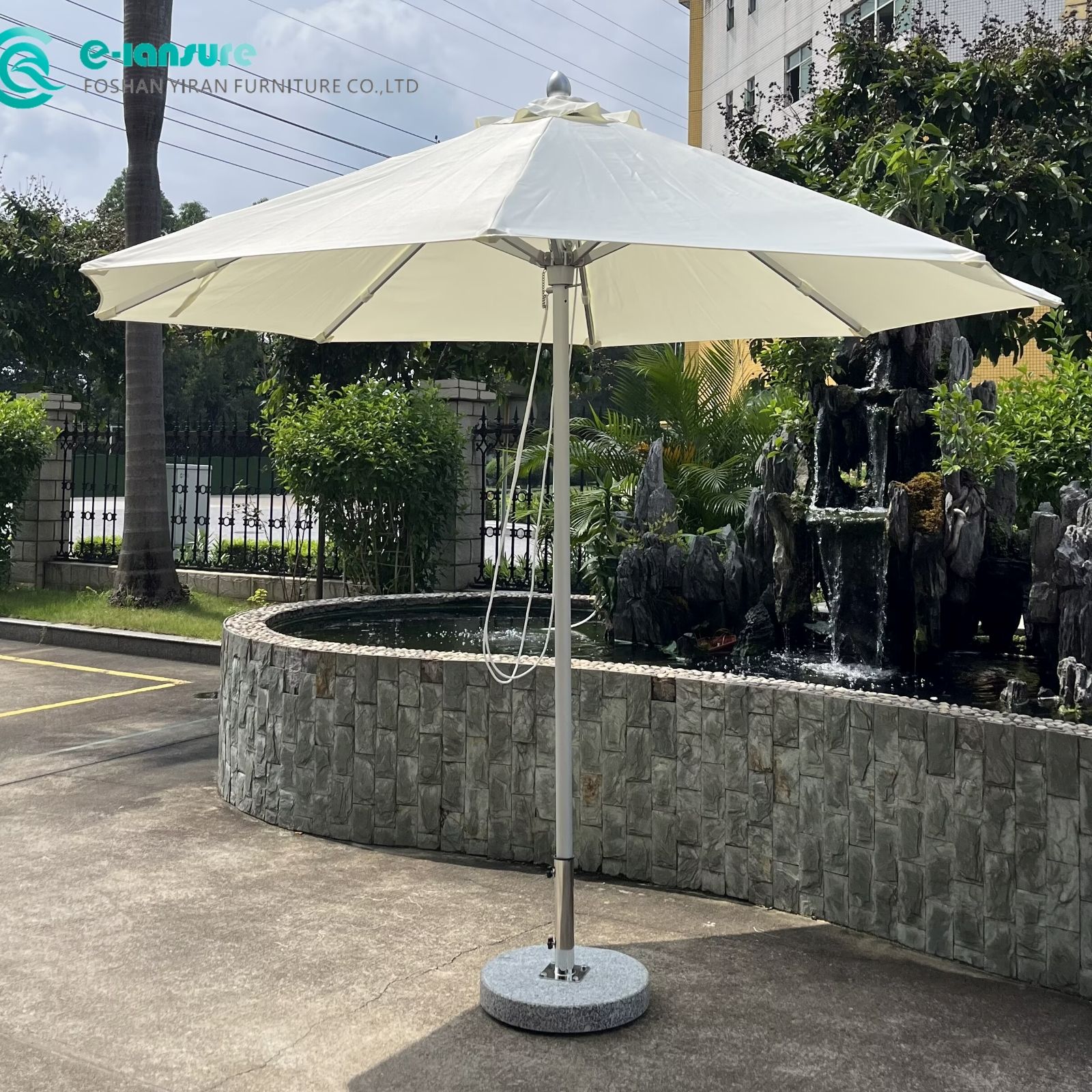 Casual Outdoor Furniture Series Aluminum Frame and Silver White Color Umbrella Waterproof Fabric Patio Parasol with Marble Base
