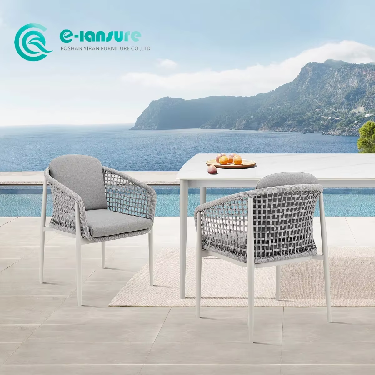 Contemporary Garden Chair for Balcony or Poolside Water-Resistant Cushion on  Aluminum Frame with Grey Rope