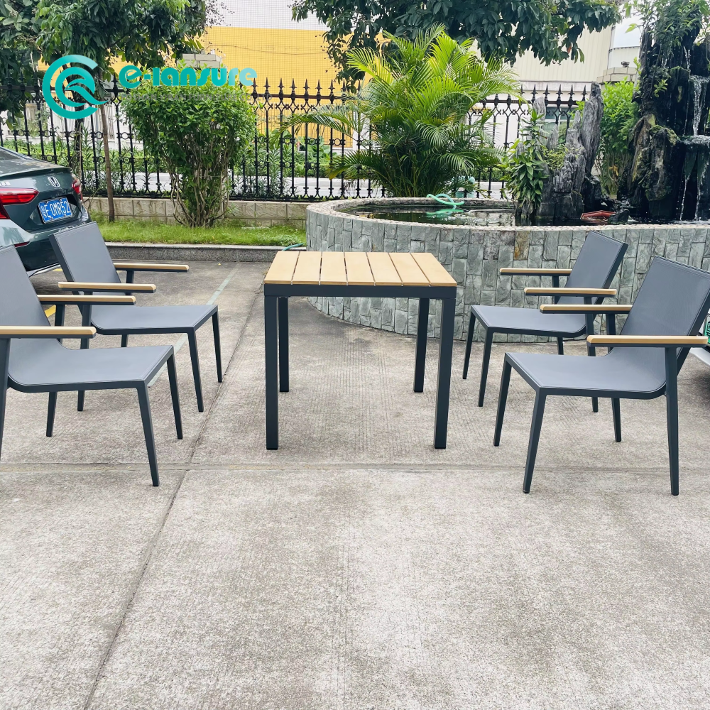 Outdoor Casual Sleek Aluminum Frame Furniture Dining Chair with Grey Woven Rope and Dining Table for Patio and Included Waterproof Seat Cushion