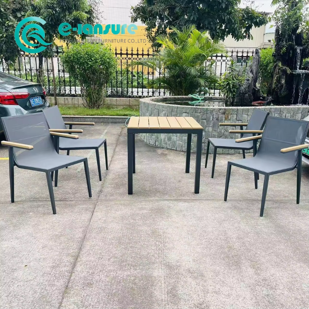Outdoor Casual Sleek Aluminum Frame Furniture Dining Chair with Grey Woven Rope and Dining Table for Patio and Included Waterproof Seat Cushion