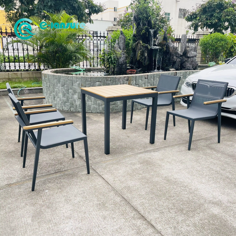 Outdoor Casual Sleek Aluminum Frame Furniture Dining Chair with Grey Woven Rope and Dining Table for Patio and Included Waterproof Seat Cushion