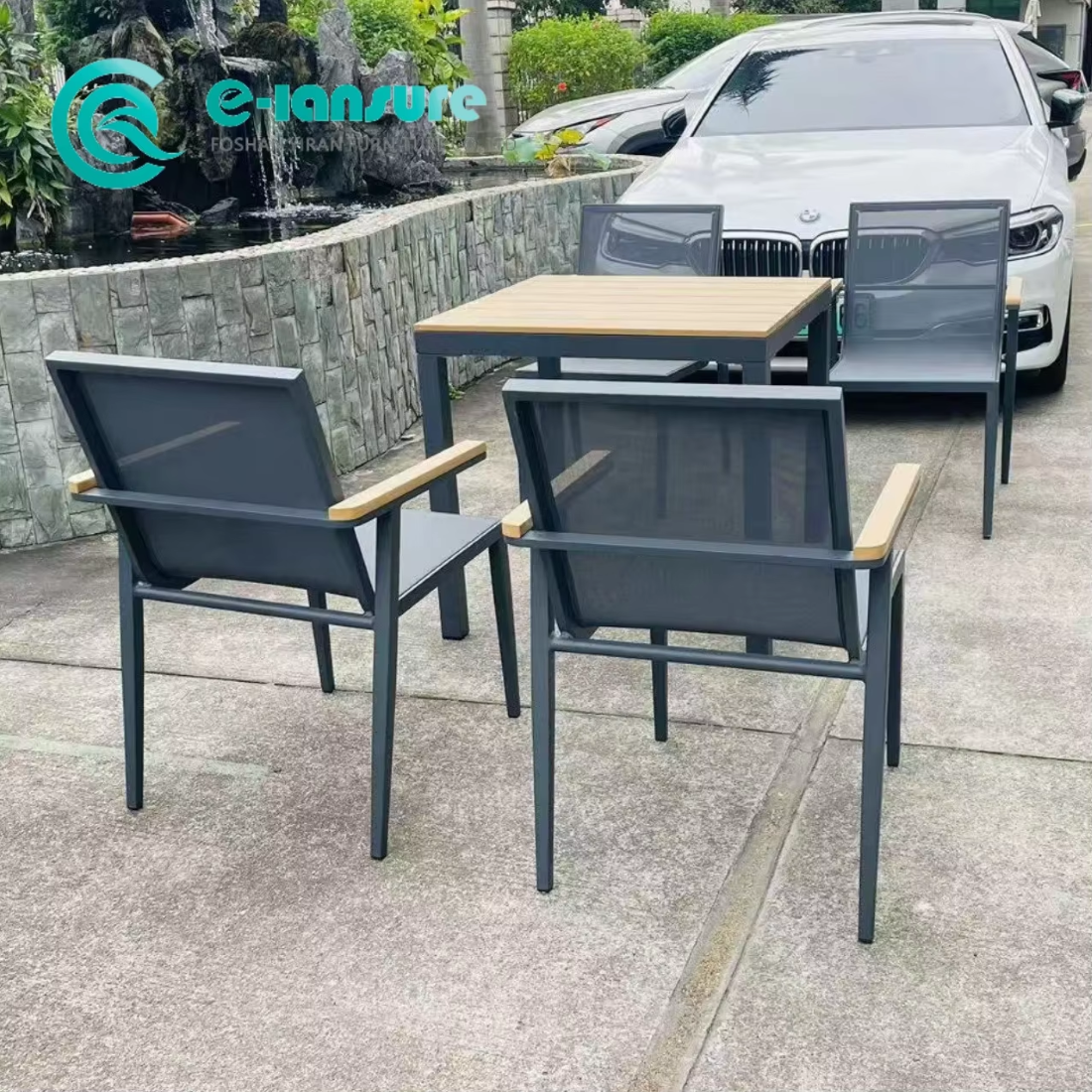 Outdoor Casual Sleek Aluminum Frame Furniture Dining Chair with Grey Woven Rope and Dining Table for Patio and Included Waterproof Seat Cushion