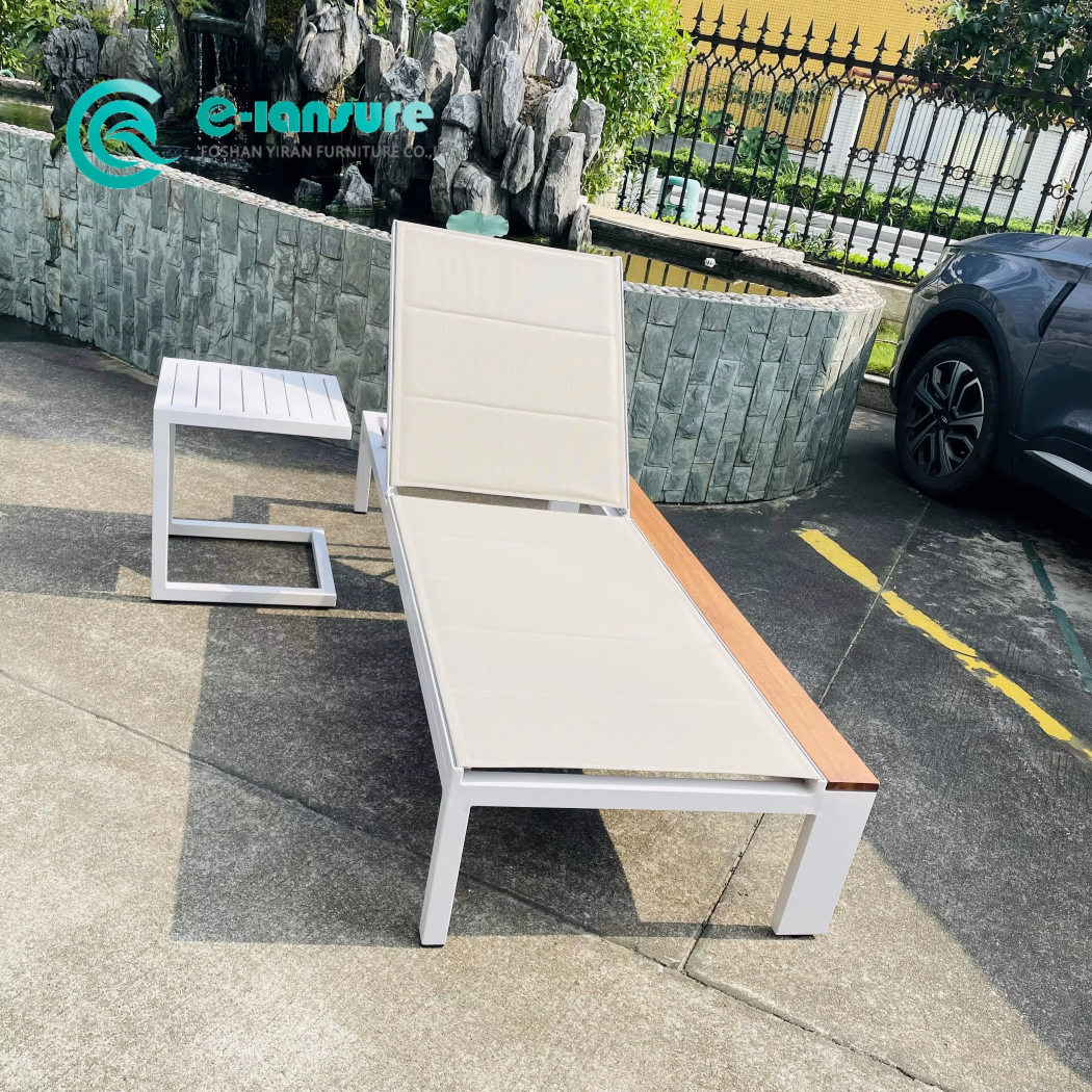 Durable Aluminum and Teak Wood Sun Lounger Set Casual Outdoor Furniture
