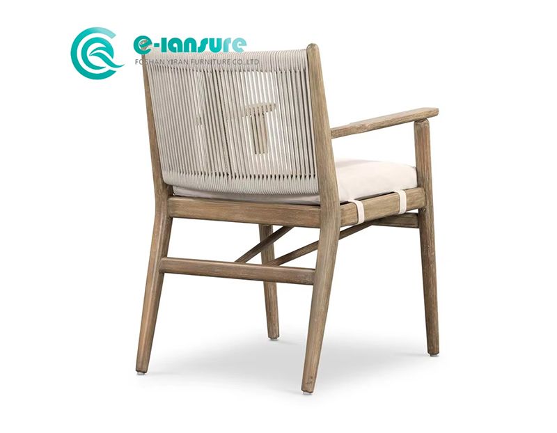 Elegant Teak Wood Patio Chair Featuring All-Weather Woven Rope Accents on Back and Arms for a Refined Garden Setting