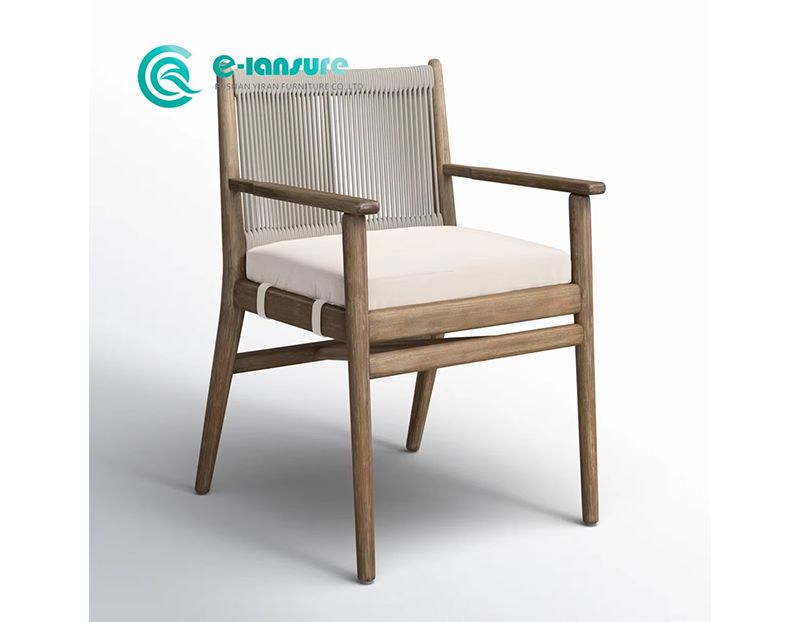 Elegant Teak Wood Patio Chair Featuring All-Weather Woven Rope Accents on Back and Arms for a Refined Garden Setting