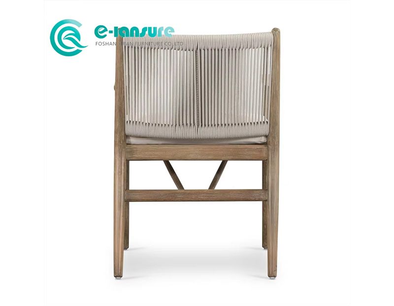 Elegant Teak Wood Patio Chair Featuring All-Weather Woven Rope Accents on Back and Arms for a Refined Garden Setting