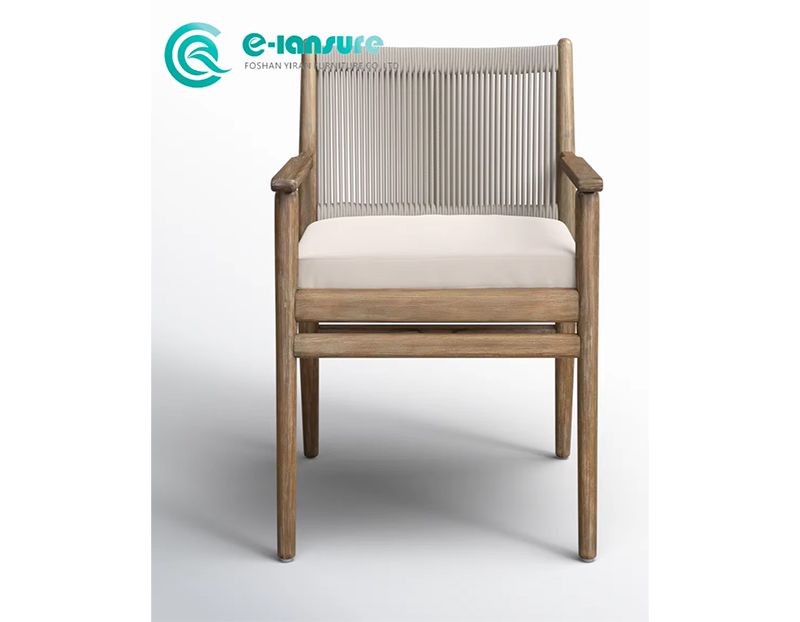 Elegant Teak Wood Patio Chair Featuring All-Weather Woven Rope Accents on Back and Arms for a Refined Garden Setting