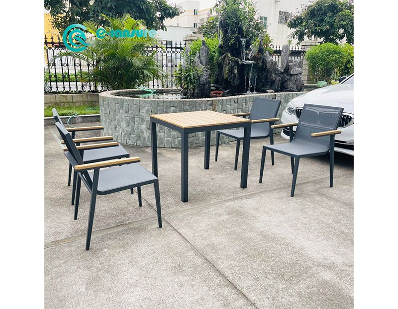 Outdoor Casual Sleek Aluminum Frame Furniture Dining Chair with Grey Woven Rope and Dining Table for Patio and Included Waterproof Seat Cushion