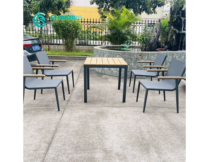 Outdoor Casual Sleek Aluminum Frame Furniture Dining Chair with Grey Woven Rope and Dining Table for Patio and Included Waterproof Seat Cushion