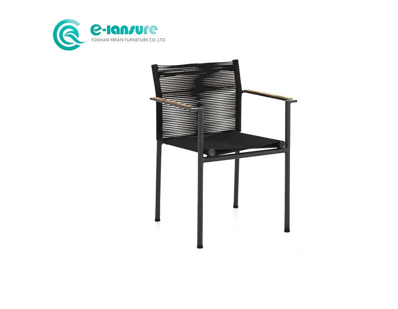 Minimalist Garden Seating Chair Sturdy Aluminum Frame Woven Rope Seat Wood Armrest Durable Outdoor Dining for Courtyards