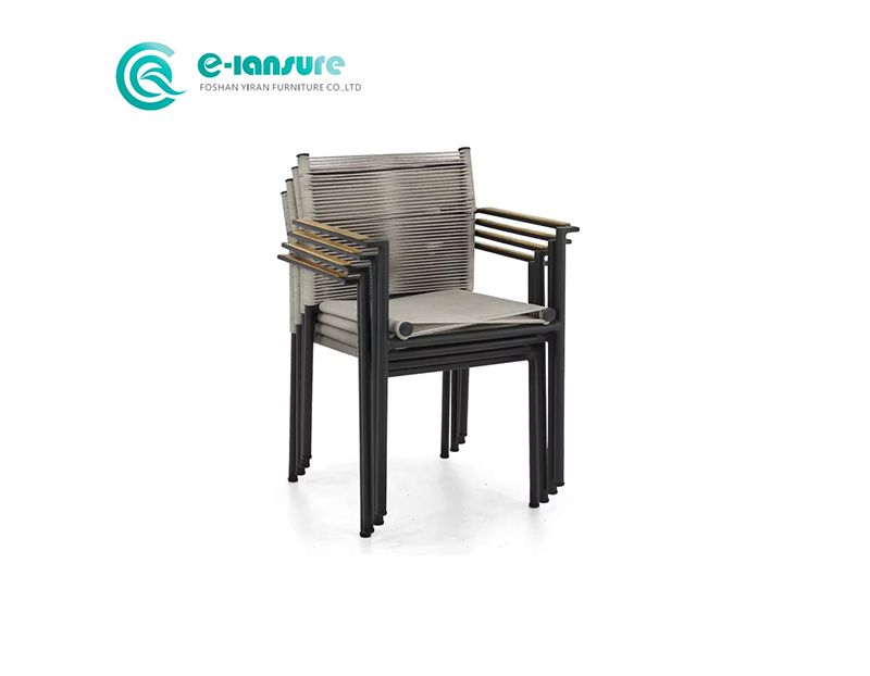 Minimalist Garden Seating Chair Sturdy Aluminum Frame Woven Rope Seat Wood Armrest Durable Outdoor Dining for Courtyards