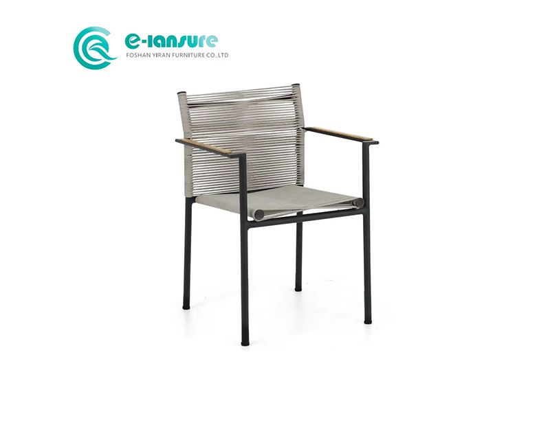 Minimalist Garden Seating Chair Sturdy Aluminum Frame Woven Rope Seat Wood Armrest Durable Outdoor Dining for Courtyards