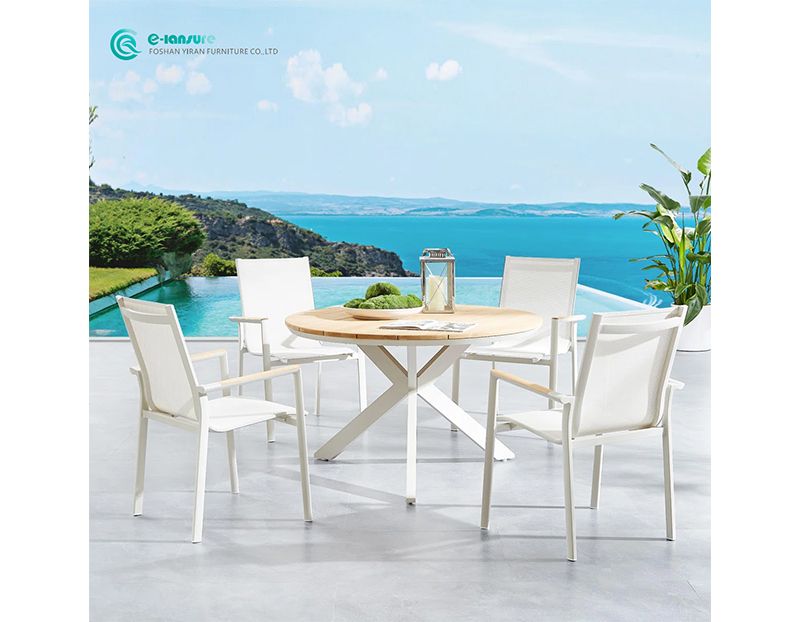 Wholesale Aluminum Frame with Wooden Armrest Dining Set Garden Furniture for Outdoor Garden Patio Dining Spaces