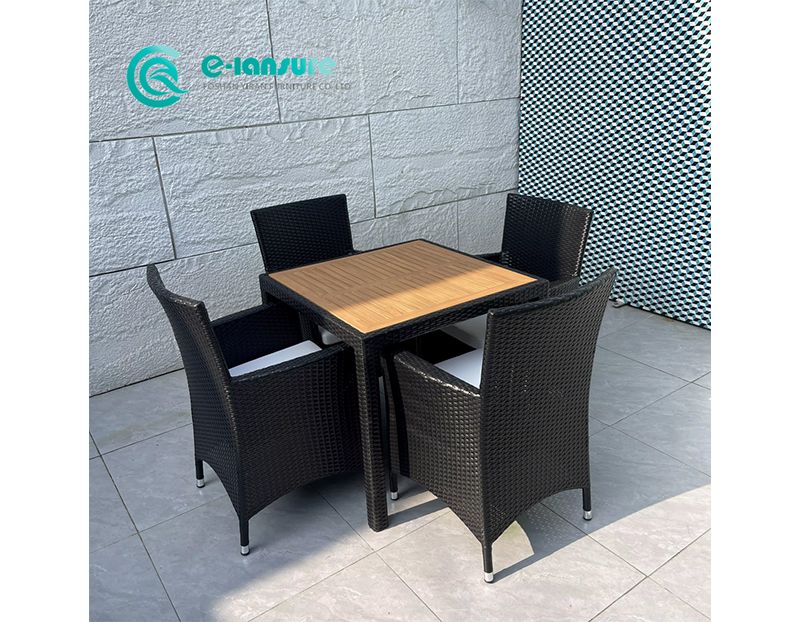 Factory Wholesale Outdoor Dining Furniture Woven PE Rattan Dining Chair and Teak Wood Tabletop Dining Set for Garden