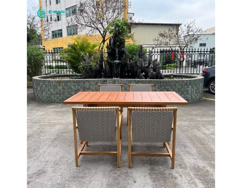 Classical Style Outdoor Furniture Teak Wood Dining Table with Woven Rope Chairs for Villa Courtyard