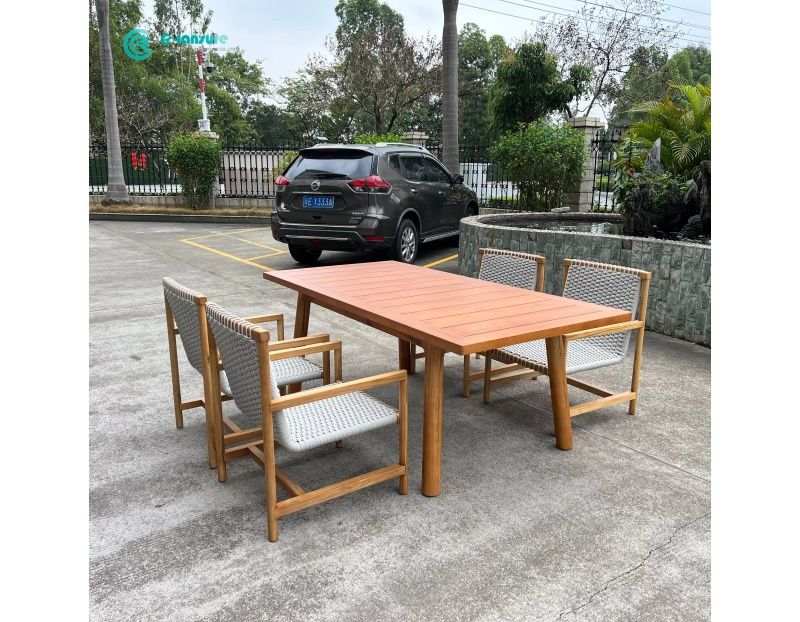 Classical Style Outdoor Furniture Teak Wood Dining Table with Woven Rope Chairs for Villa Courtyard