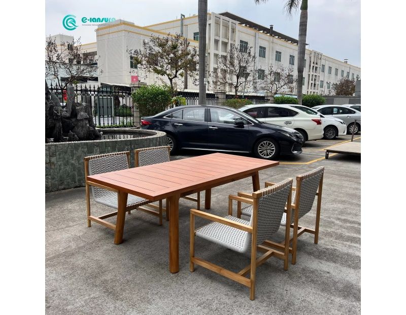 Classical Style Outdoor Furniture Teak Wood Dining Table with Woven Rope Chairs for Villa Courtyard