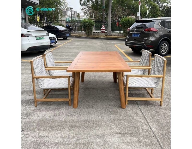 Classical Style Outdoor Furniture Teak Wood Dining Table with Woven Rope Chairs for Villa Courtyard