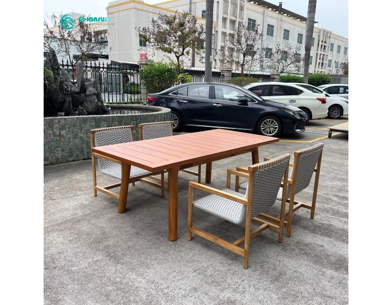 Classical Style Outdoor Furniture Teak Wood Dining Table with Woven Rope Chairs for Villa Courtyard